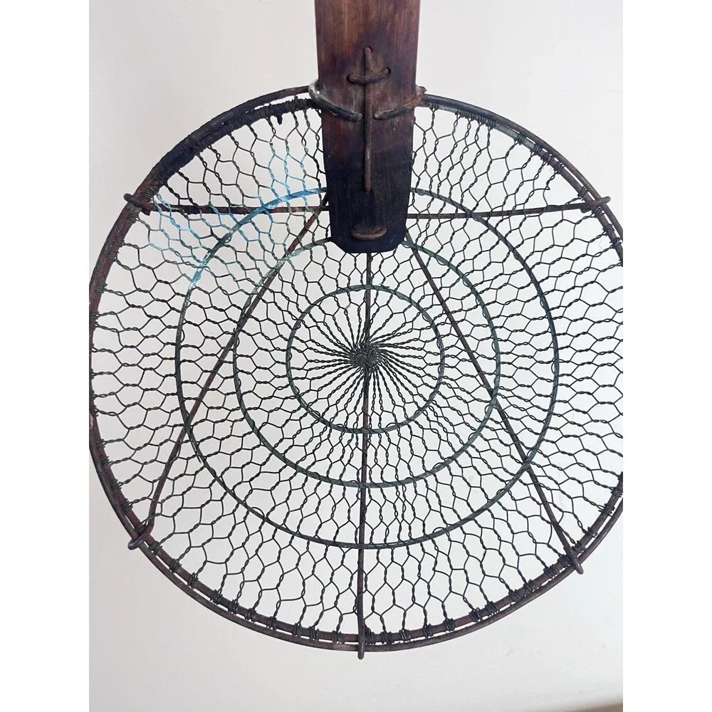 Large Vintage Rustic Bamboo Handle Brass Wire Mesh Strainer Skimmer 19” JAPAN